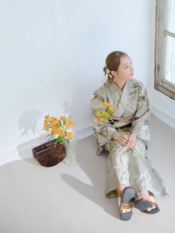 画像11: 【浴衣セール】【即日発送】ヘルシーリーフ柄ベージュ浴衣【浴衣３点セット 浴衣/帯/下駄】[YMT]