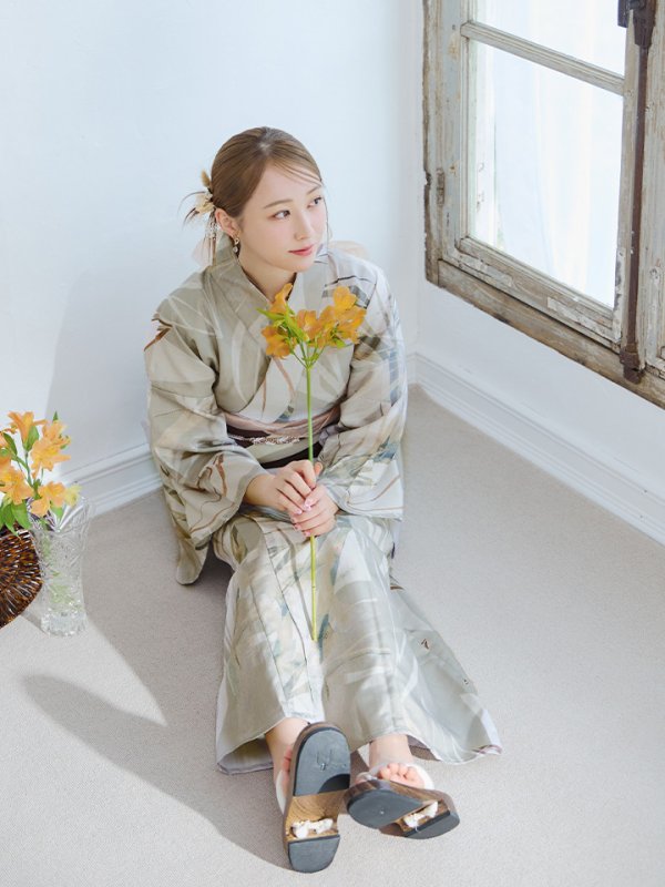 画像12: 【浴衣セール】【即日発送】ヘルシーリーフ柄ベージュ浴衣【浴衣３点セット 浴衣/帯/下駄】[YMT]