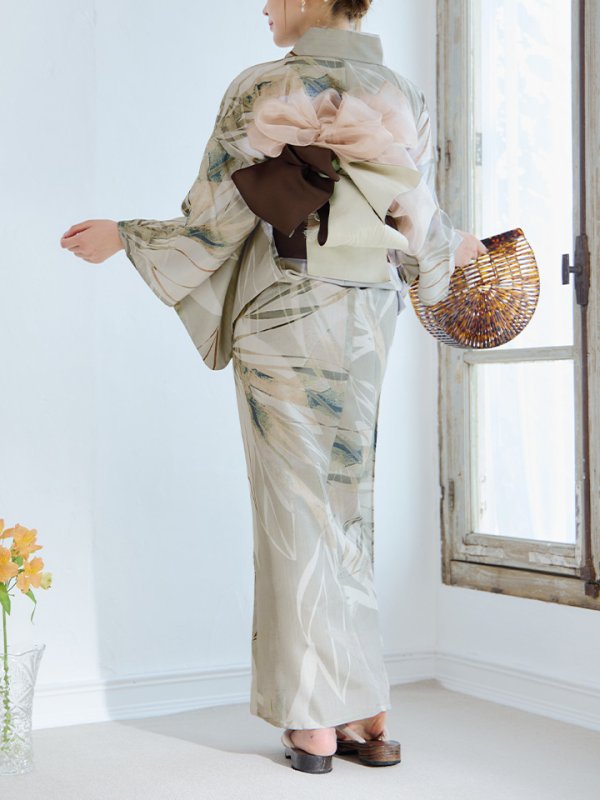 画像15: 【浴衣セール】【即日発送】ヘルシーリーフ柄ベージュ浴衣【浴衣３点セット 浴衣/帯/下駄】[YMT]