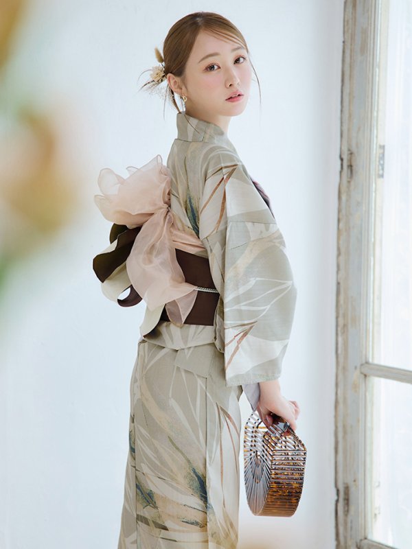 画像3: 【浴衣セール】【即日発送】ヘルシーリーフ柄ベージュ浴衣【浴衣３点セット 浴衣/帯/下駄】[YMT]