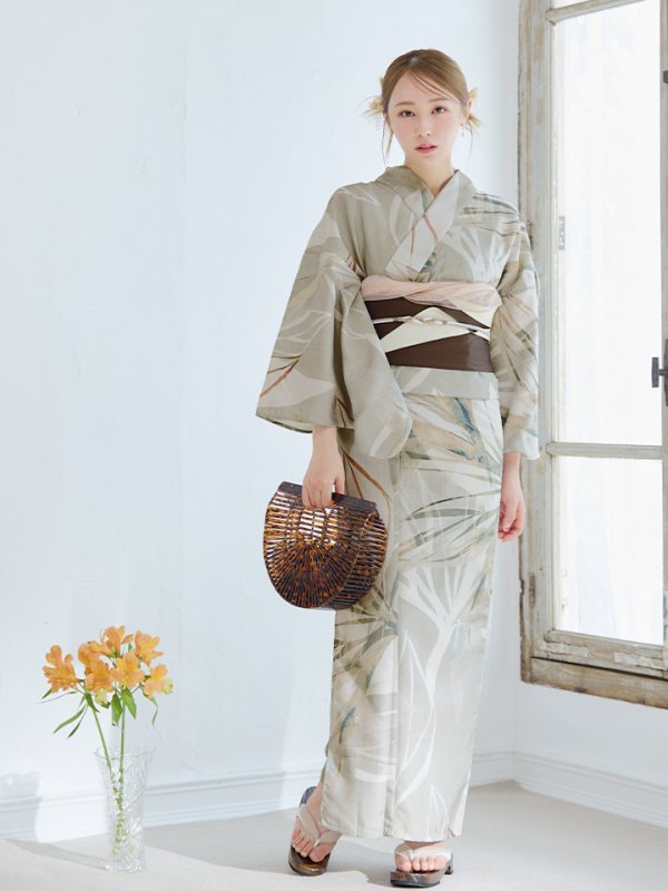 画像4: 【浴衣セール】【即日発送】ヘルシーリーフ柄ベージュ浴衣【浴衣３点セット 浴衣/帯/下駄】[YMT]