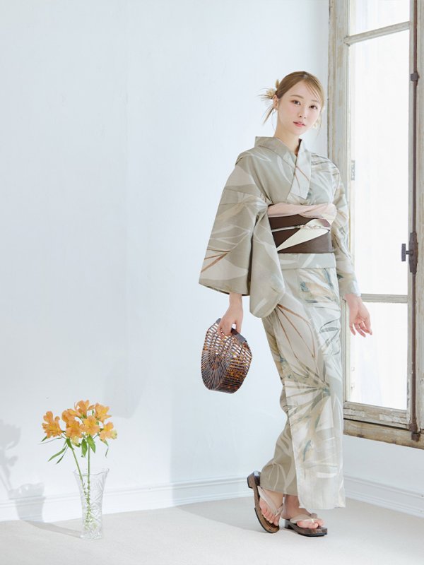画像6: 【浴衣セール】【即日発送】ヘルシーリーフ柄ベージュ浴衣【浴衣３点セット 浴衣/帯/下駄】[YMT]