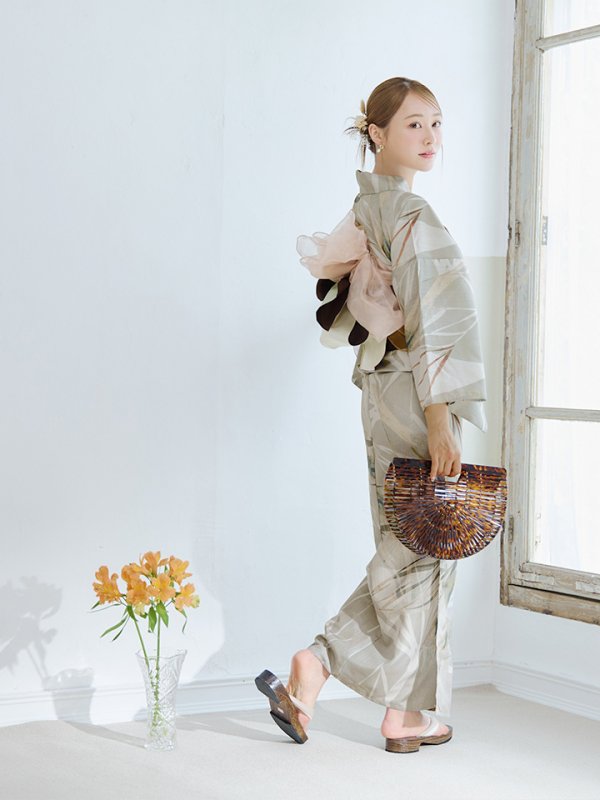 画像8: 【浴衣セール】【即日発送】ヘルシーリーフ柄ベージュ浴衣【浴衣３点セット 浴衣/帯/下駄】[YMT]