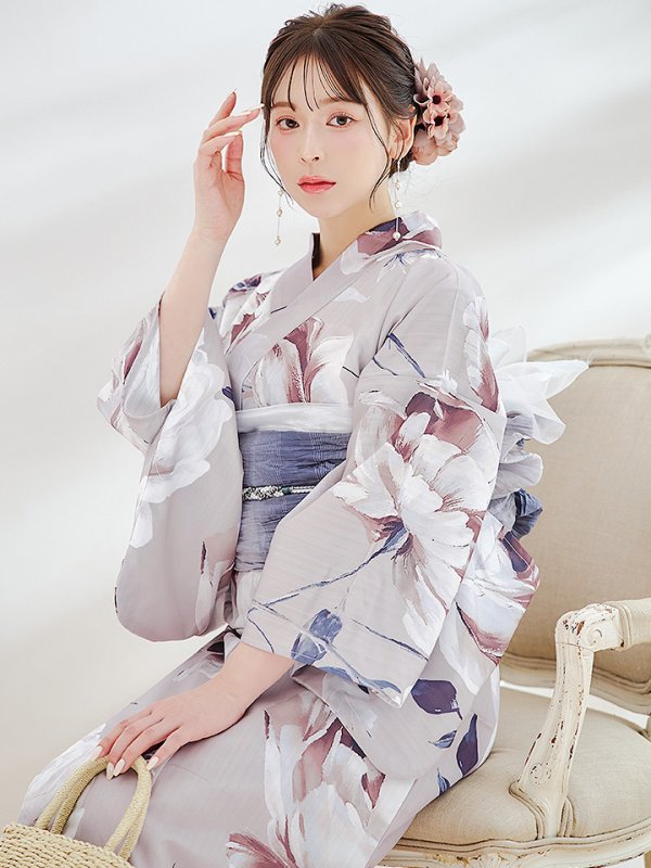 画像1: 【浴衣セール！】ロマンティックピオニー浴衣【浴衣３点セット 浴衣/帯/下駄】OBI-g-500-kj-8-GY / HIMO-900-yn-4-GYxGY / HEKO-800-sb-5-WH / GETA-01-kj-3-IV/ [YMT]