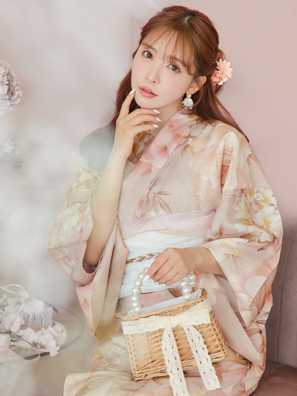 画像1: 【即日発送！】アンティークフラワーピンク浴衣 OBI-siwa-200-kj-13-OW / HIMO-900-yn-8-P / HEKO-800-sb-4-P / YA-982-kn-P / GETA-01-kj-7-P/  [YMT]