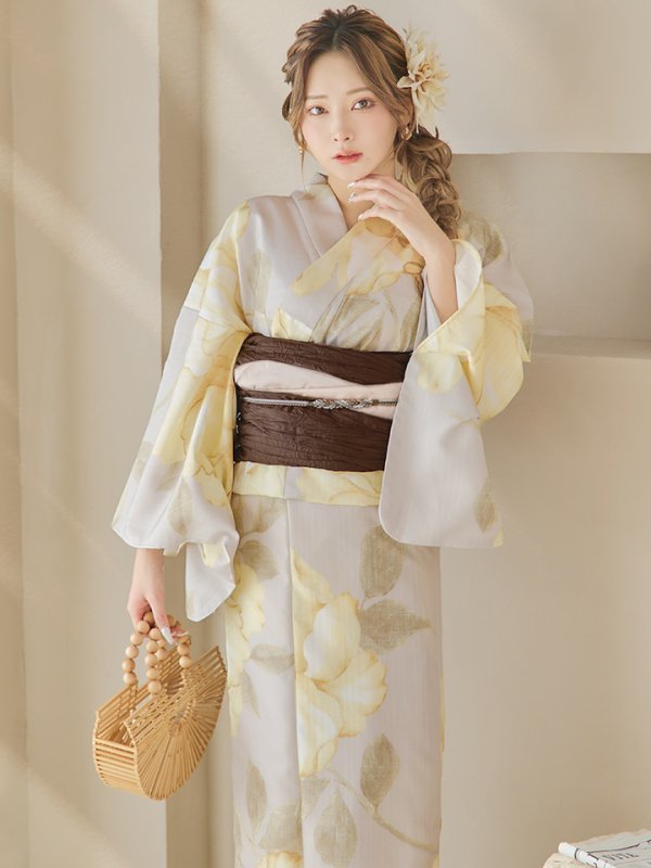 画像2: 【浴衣セール】【即日発送！】グレージュ×イエローフラワー浴衣 OBI-siwa-200-kj-9-BR / HIMO-900-yn-7-MOC / HEKO-800-sb-3-BR / YA-496-kj-W / GETA-01-kj-5-MOC /  [YMT]