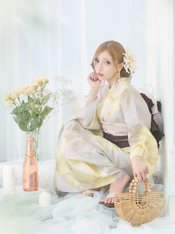 画像10: 【浴衣セール】【即日発送！】グレージュ×イエローフラワー浴衣【浴衣３点セット 浴衣/帯/下駄】[YMT]