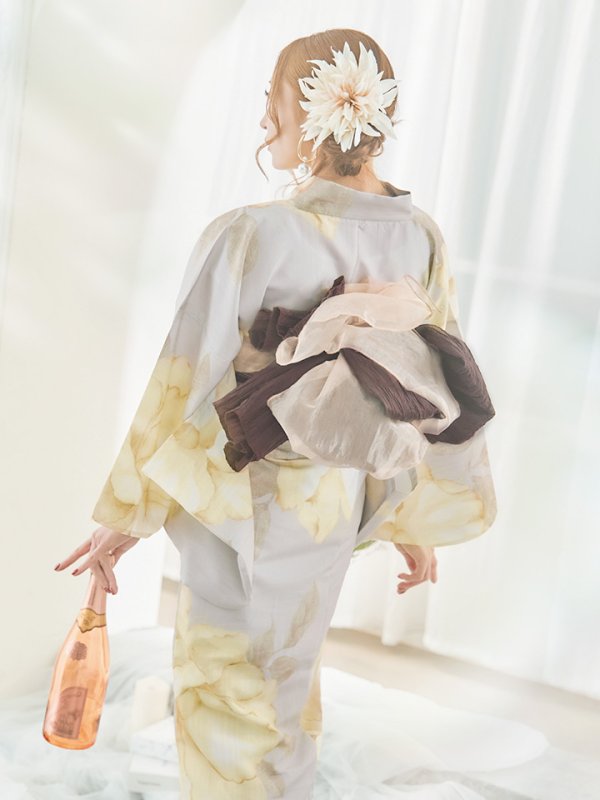 画像13: 【浴衣セール】【即日発送！】グレージュ×イエローフラワー浴衣【浴衣３点セット 浴衣/帯/下駄】[YMT]