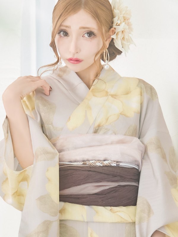 画像17: 【浴衣セール】【即日発送！】グレージュ×イエローフラワー浴衣【浴衣３点セット 浴衣/帯/下駄】[YMT]