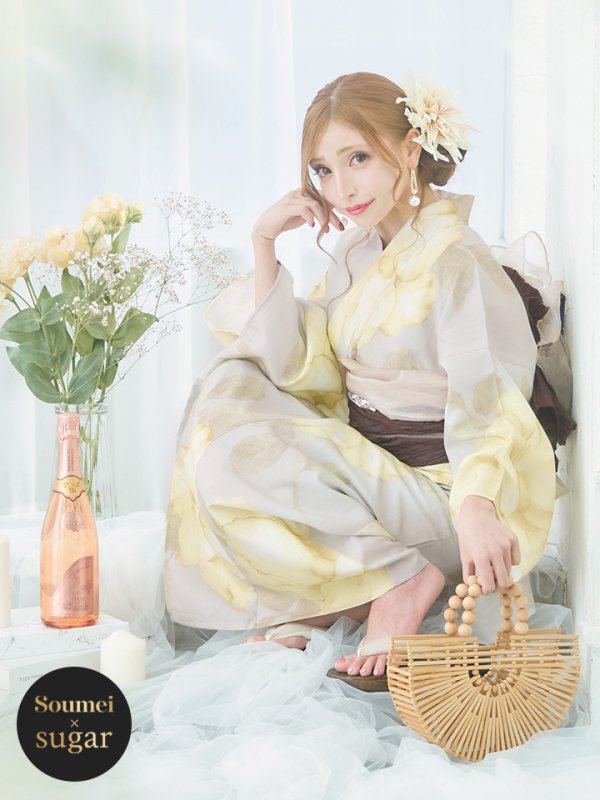 画像3: 【浴衣セール】【即日発送！】グレージュ×イエローフラワー浴衣【浴衣３点セット 浴衣/帯/下駄】[YMT]