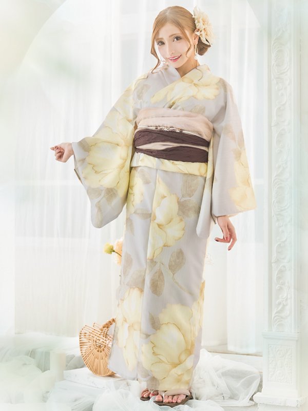 画像4: 【浴衣セール】【即日発送！】グレージュ×イエローフラワー浴衣【浴衣３点セット 浴衣/帯/下駄】[YMT]