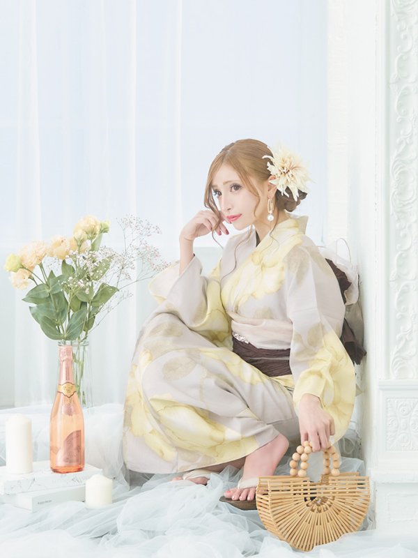 画像5: 【浴衣セール】【即日発送！】グレージュ×イエローフラワー浴衣【浴衣３点セット 浴衣/帯/下駄】[YMT]