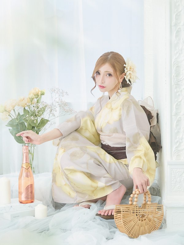 画像6: 【浴衣セール】【即日発送！】グレージュ×イエローフラワー浴衣【浴衣３点セット 浴衣/帯/下駄】[YMT]