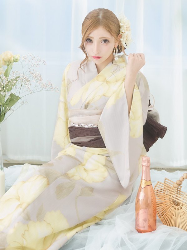 画像8: 【浴衣セール】【即日発送！】グレージュ×イエローフラワー浴衣【浴衣３点セット 浴衣/帯/下駄】[YMT]