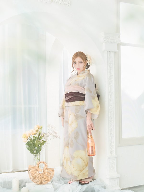 画像9: 【浴衣セール】【即日発送！】グレージュ×イエローフラワー浴衣【浴衣３点セット 浴衣/帯/下駄】[YMT]