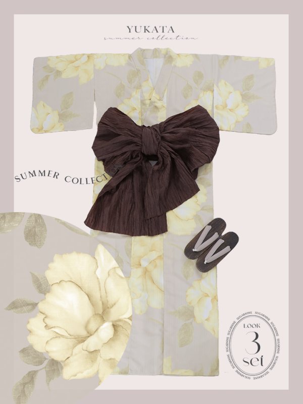 画像42: 【即日発送】【浴衣セール！】グレージュ×イエローフラワー浴衣【浴衣３点セット 浴衣/帯/下駄】[yo/YMT]
