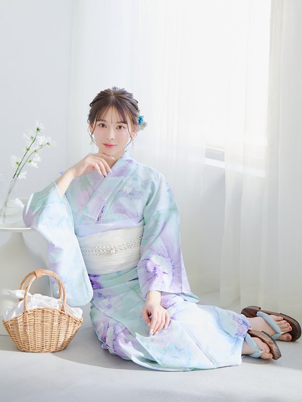 画像2: 【即日発送】ニュアンスフラワーミント牡丹浴衣 OBI-siwa-200-kj-13-OW / HIMO-903-kj-W / HEKO-800-sb-5-WH / YA-1023-wk-BL / GETA-01-kj-4-MI [YMT]