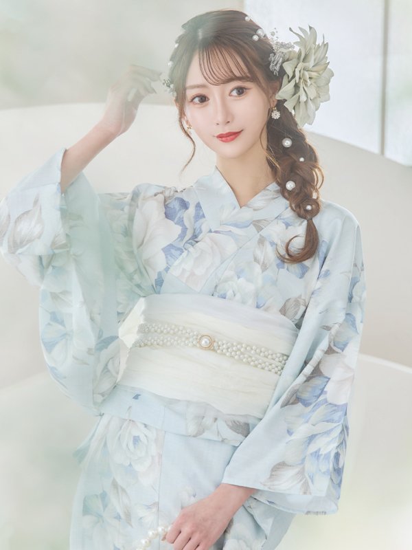 画像10: 【即日発送】クラシカルローズブルー浴衣【浴衣３点セット 浴衣/帯/下駄】[YMT]