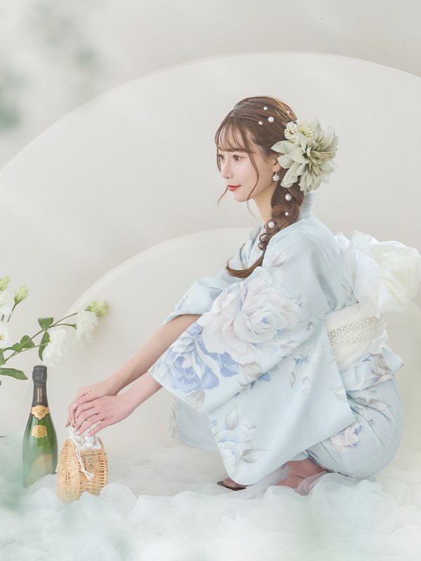 画像16: 【即日発送】クラシカルローズブルー浴衣【浴衣３点セット 浴衣/帯/下駄】[YMT]