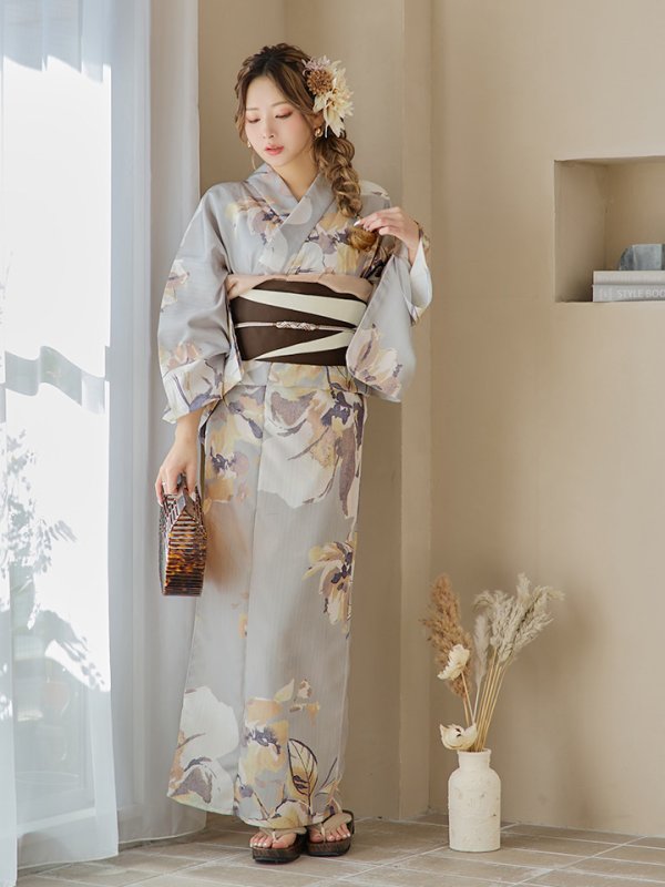 画像14: 【即日発送！】グレージュニュアンスフラワー浴衣【浴衣３点セット 浴衣/帯/下駄】[YMT]