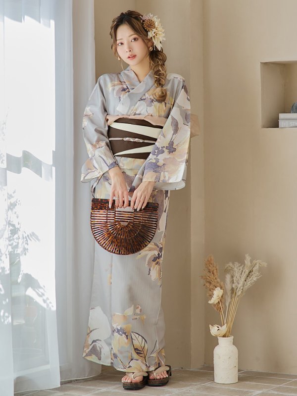 画像4: 【即日発送！】グレージュニュアンスフラワー浴衣【浴衣３点セット 浴衣/帯/下駄】[YMT]