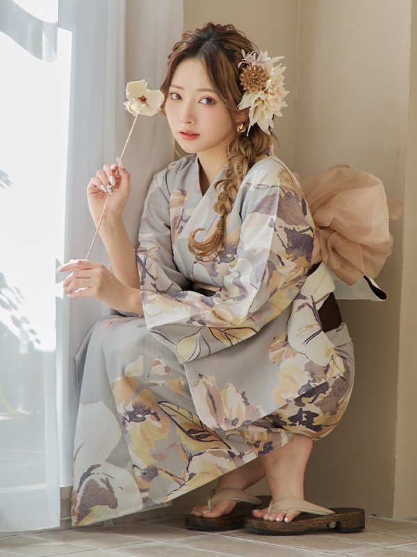 画像8: 【即日発送！】グレージュニュアンスフラワー浴衣【浴衣３点セット 浴衣/帯/下駄】[YMT]