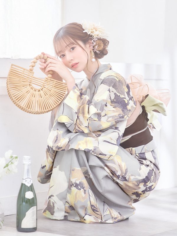 画像12: 【即日発送！】グレージュニュアンスフラワー浴衣【浴衣３点セット 浴衣/帯/下駄】[YMT]