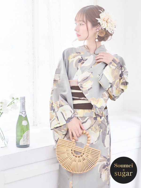 画像3: 【即日発送！】グレージュニュアンスフラワー浴衣【浴衣３点セット 浴衣/帯/下駄】[YMT]