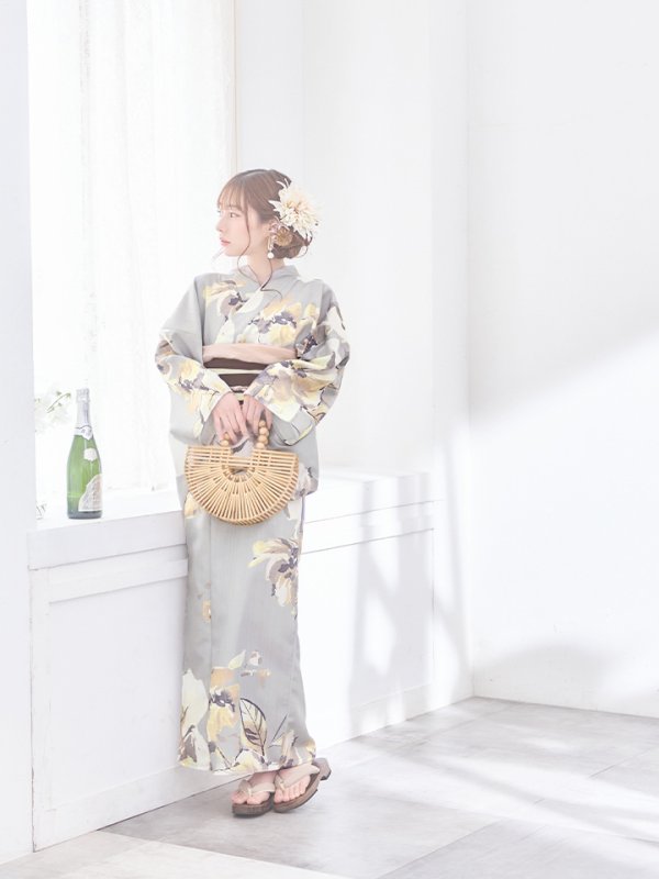 画像5: 【即日発送！】グレージュニュアンスフラワー浴衣【浴衣３点セット 浴衣/帯/下駄】[YMT]