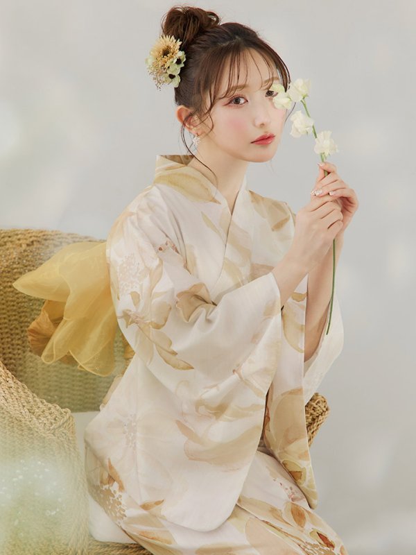 画像1: 【即日発送！】水彩イエローフラワー浴衣 OBI-g-500-kj-5-MUS / HIMO-900-yn-5-IV / HEKO-800-sb-6-YEBE / YA-68-kn-YEBE / GETA-01-kj-6-MUS/  [YMT]
