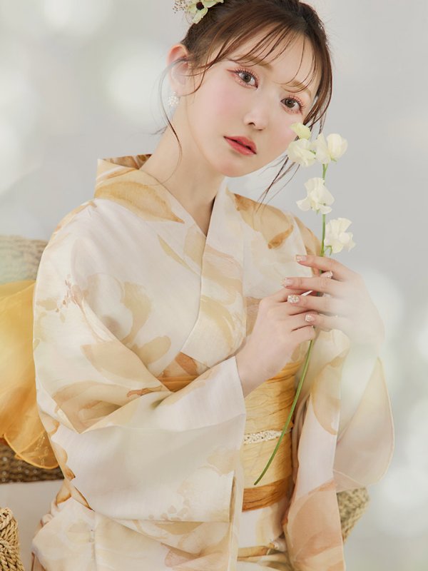 画像3: 【即日発送！】水彩イエローフラワー浴衣【浴衣３点セット 浴衣/帯/下駄】[YMT]