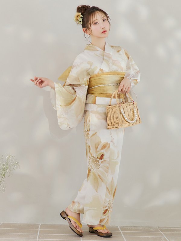 画像4: 【即日発送！】水彩イエローフラワー浴衣【浴衣３点セット 浴衣/帯/下駄】[YMT]