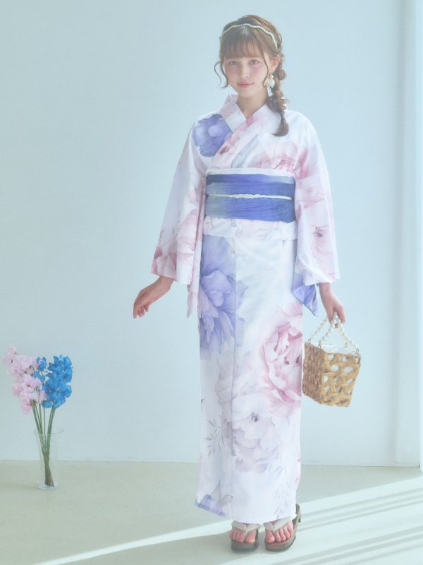 画像4: 【即日発送】ホワイト×ピオニー浴衣【浴衣３点セット 浴衣/帯/下駄】[YMT]