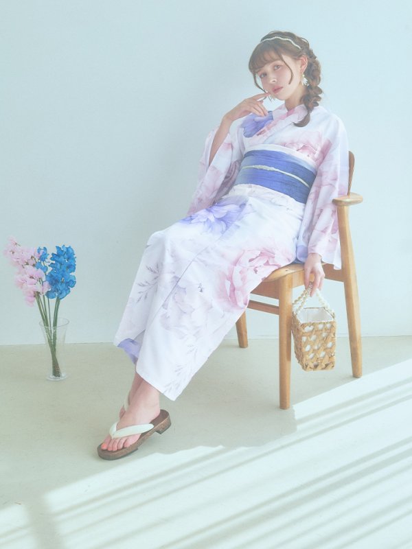 画像6: 【即日発送】ホワイト×ピオニー浴衣【浴衣３点セット 浴衣/帯/下駄】[YMT]