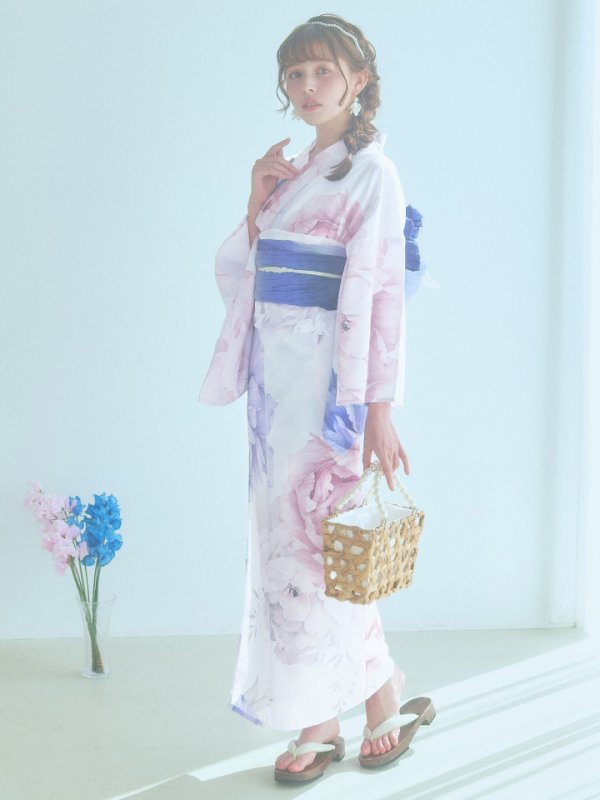 画像7: 【即日発送】ホワイト×ピオニー浴衣【浴衣３点セット 浴衣/帯/下駄】[YMT]