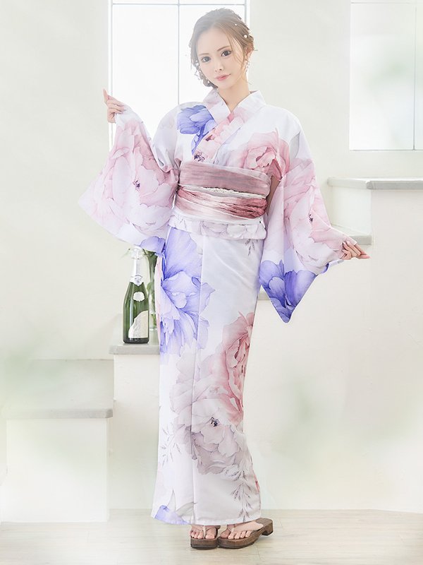 画像4: 【即日発送】ホワイト×ピオニー浴衣【浴衣３点セット 浴衣/帯/下駄】[YMT]