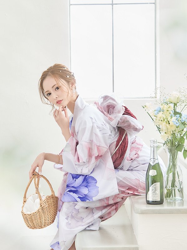 画像8: 【即日発送】ホワイト×ピオニー浴衣【浴衣３点セット 浴衣/帯/下駄】[YMT]