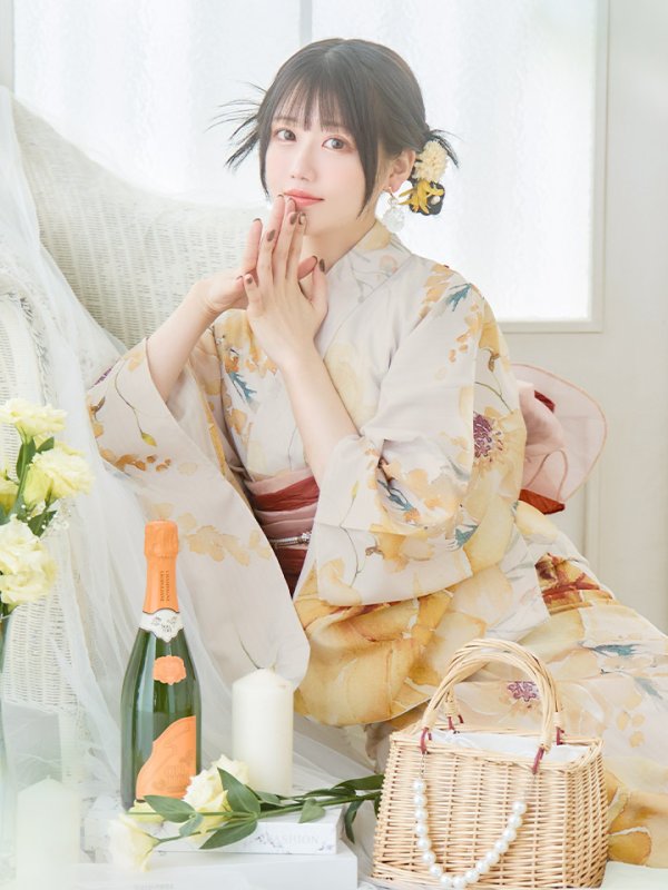 画像10: 【即日発送！】イエローベージュフラワー浴衣【浴衣３点セット 浴衣/帯/下駄】[YMT]