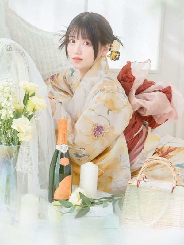 画像12: 【即日発送！】イエローベージュフラワー浴衣【浴衣３点セット 浴衣/帯/下駄】[YMT]