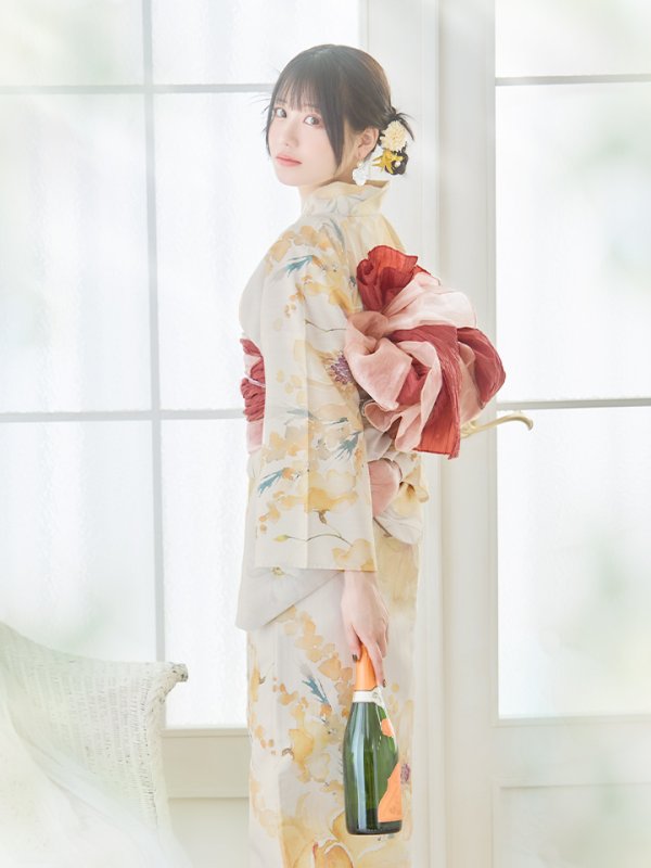 画像14: 【即日発送！】イエローベージュフラワー浴衣【浴衣３点セット 浴衣/帯/下駄】[YMT]
