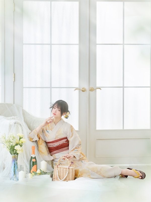 画像5: 【即日発送！】イエローベージュフラワー浴衣【浴衣３点セット 浴衣/帯/下駄】[YMT]