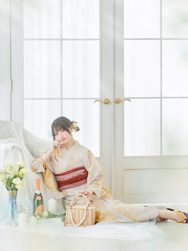 画像6: 【即日発送！】イエローベージュフラワー浴衣【浴衣３点セット 浴衣/帯/下駄】[YMT]