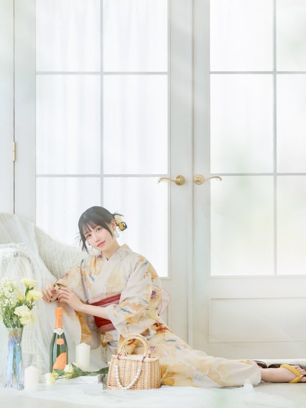 画像8: 【即日発送！】イエローベージュフラワー浴衣【浴衣３点セット 浴衣/帯/下駄】[YMT]