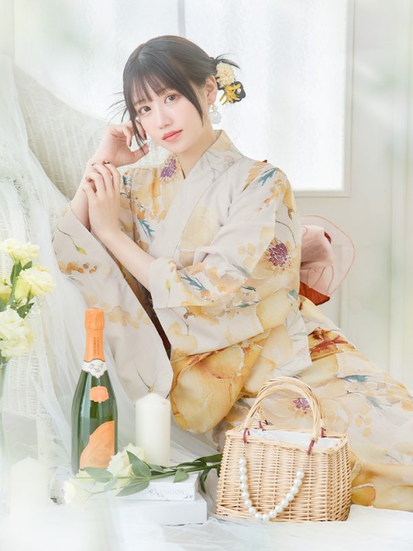 画像9: 【即日発送！】イエローベージュフラワー浴衣【浴衣３点セット 浴衣/帯/下駄】[YMT]