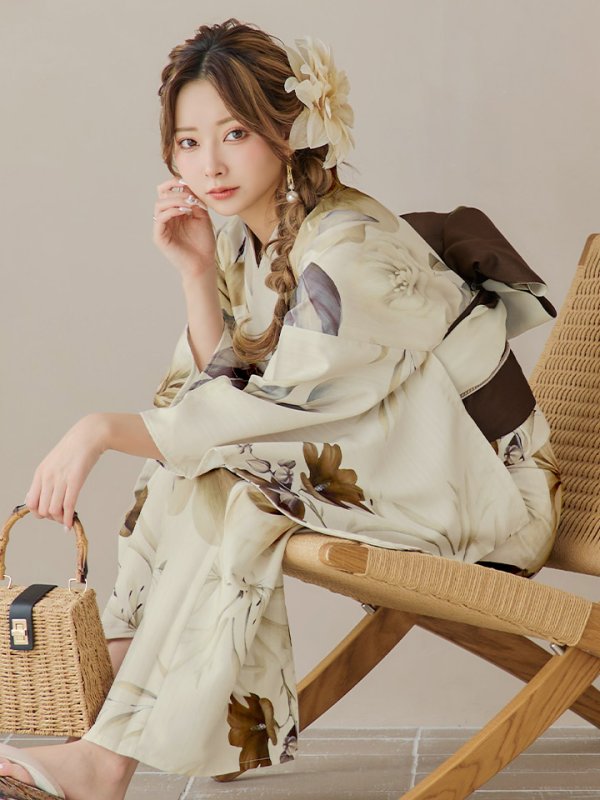 画像11: 【即日発送】ブラウンベージュクラシックフラワー浴衣【浴衣３点セット 浴衣/帯/下駄】[YMT]