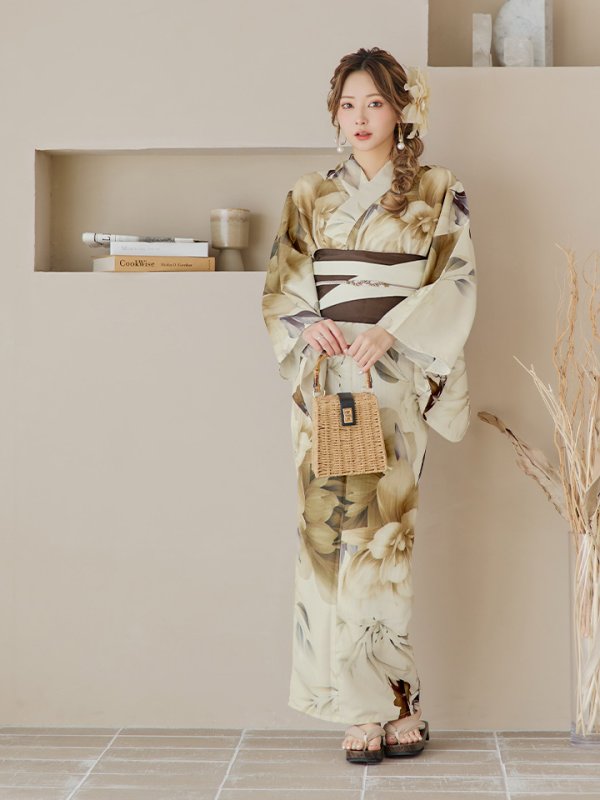 画像12: 【即日発送】ブラウンベージュクラシックフラワー浴衣【浴衣３点セット 浴衣/帯/下駄】[YMT]