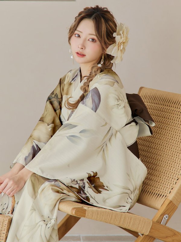 画像13: 【即日発送】ブラウンベージュクラシックフラワー浴衣【浴衣３点セット 浴衣/帯/下駄】[YMT]