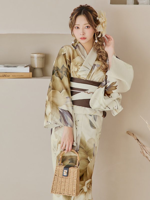 画像18: 【即日発送】ブラウンベージュクラシックフラワー浴衣【浴衣３点セット 浴衣/帯/下駄】[YMT]