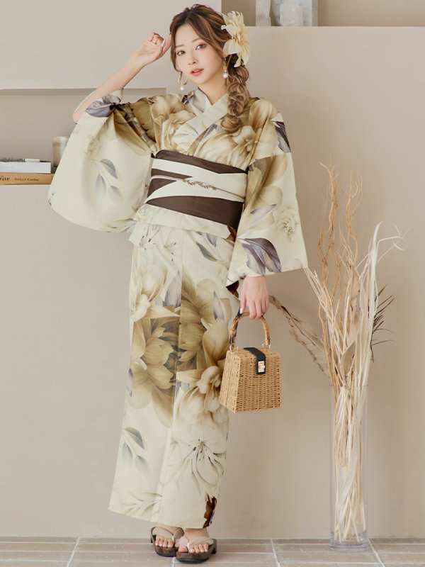 画像4: 【即日発送】ブラウンベージュクラシックフラワー浴衣【浴衣３点セット 浴衣/帯/下駄】[YMT]