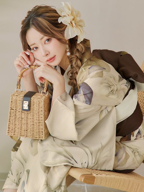 画像5: 【即日発送】ブラウンベージュクラシックフラワー浴衣【浴衣３点セット 浴衣/帯/下駄】[YMT]